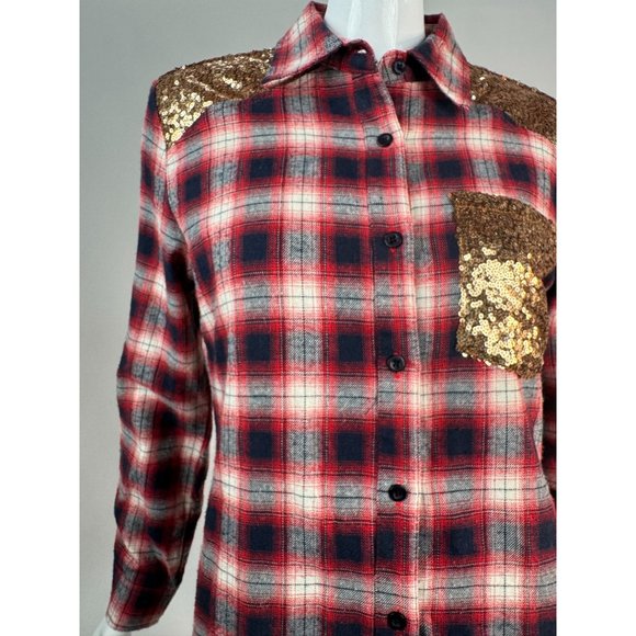 E2 Plaid and Sequin Western Styled Shirt M Red Blue Cotton Vintage - Picture 4 of 16